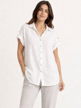 Nanette Lepore White Cotton Gauze Button Front Blouse Roll Tab Sleeve L